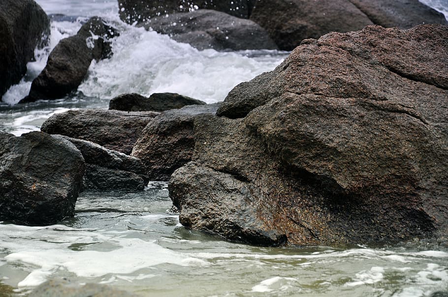 beach, stone, the waves, rock - object, nature, no people, sea HD wallpaper