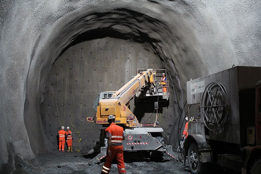 yellow and gray heavy equipment with lift in gray cave, tunnel, HD wallpaper
