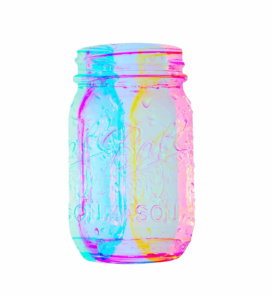 teal, yellow, and pink glass jar, abstract, mason, mason jar, HD wallpaper