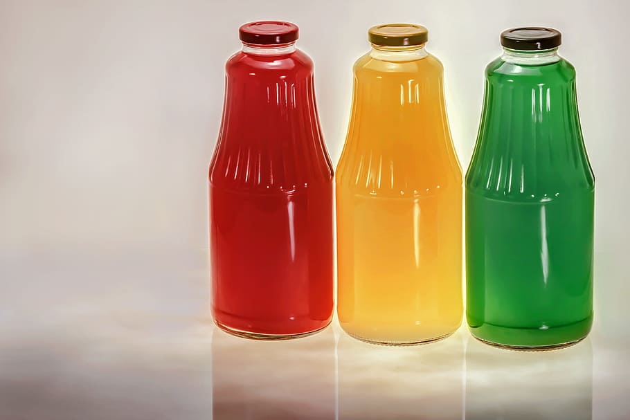 bottles, red, yellow, green, juice, drink, compote, glass, glass bottle HD wallpaper