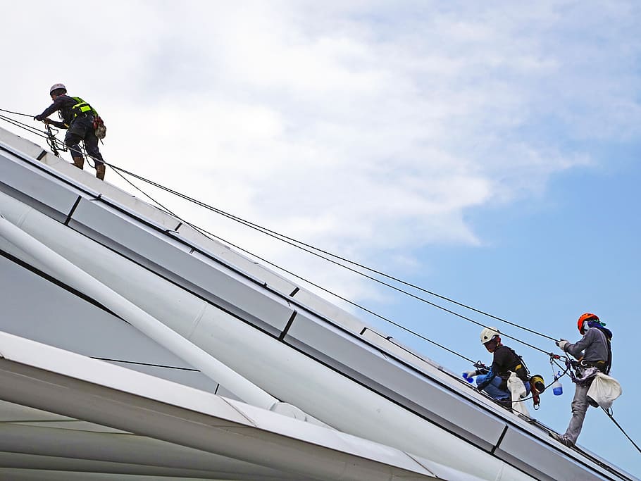 three men abseiling, rappelling, rope, safety, security, climbing HD wallpaper