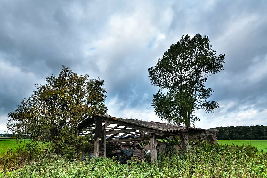 lapsed, hut, landscape, north, lower saxony, germany, clouds HD wallpaper