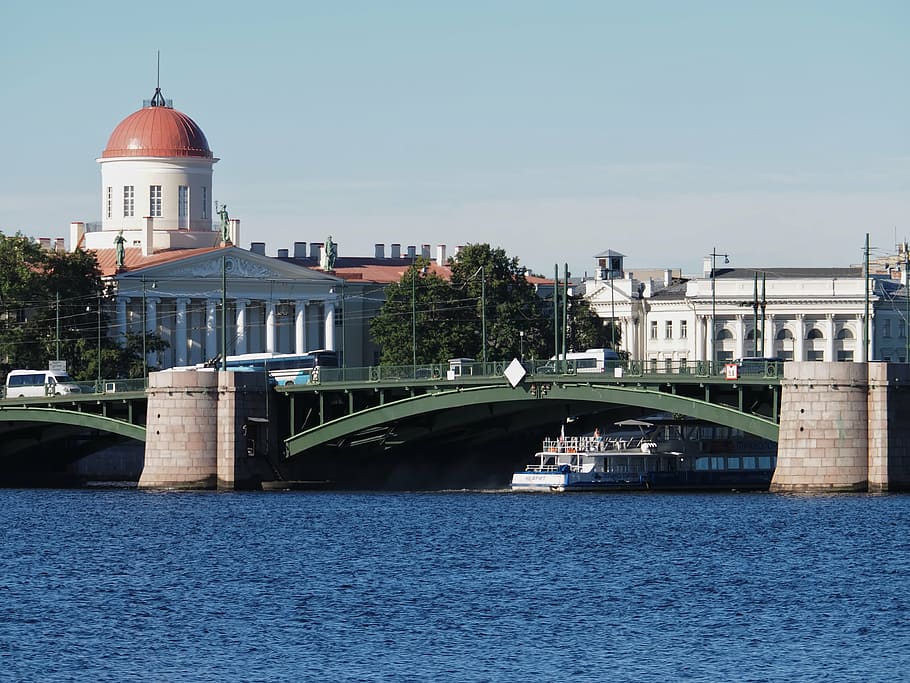 river, bridge, city, buildings, morning, sky, roof, ship, boat HD wallpaper