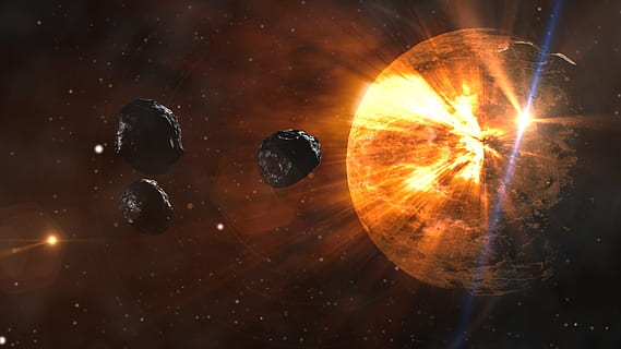 black meteor on galaxy, asteroids, planet, space, destruction HD wallpaper