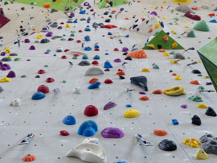 multicolored wall climbing, climbing holds, colorful, high, upward, HD wallpaper