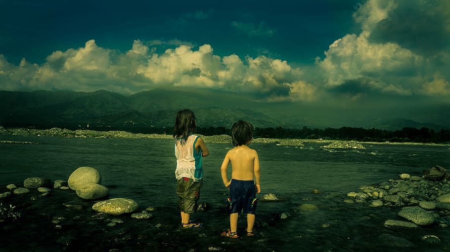 children, clouds, mountains, pebbles, people, river, rocks HD wallpaper