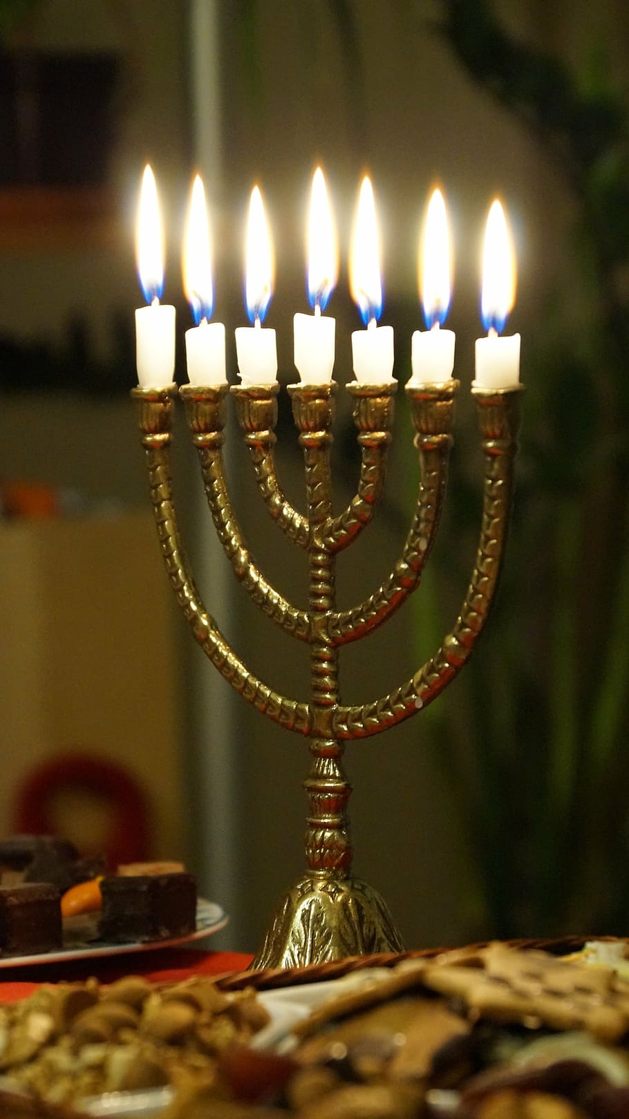 brass-colored menorah with candles, light, burning, religious
