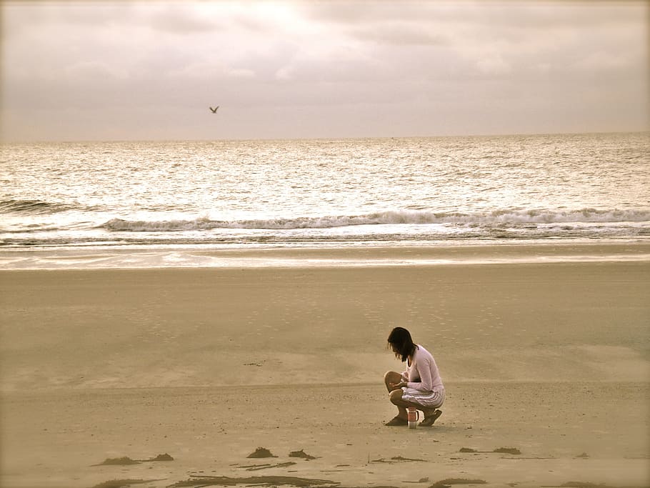 Woman in Pink Cardigan Sitting on Seashore, beach, clouds, ocean HD wallpaper