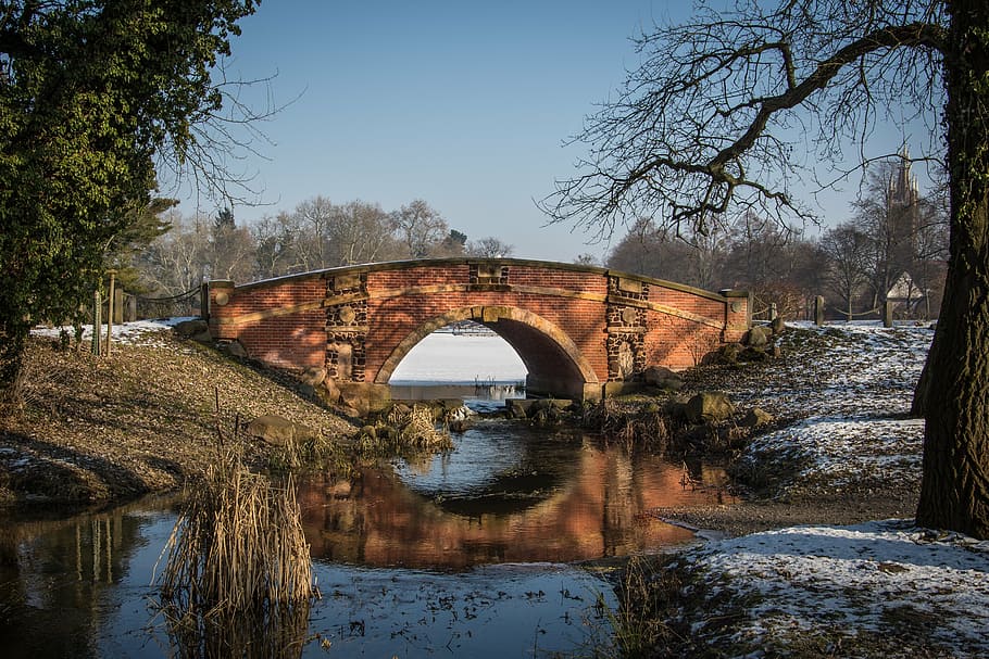 brown bridge over river during daytime, winter, park, park wörlitz HD wallpaper