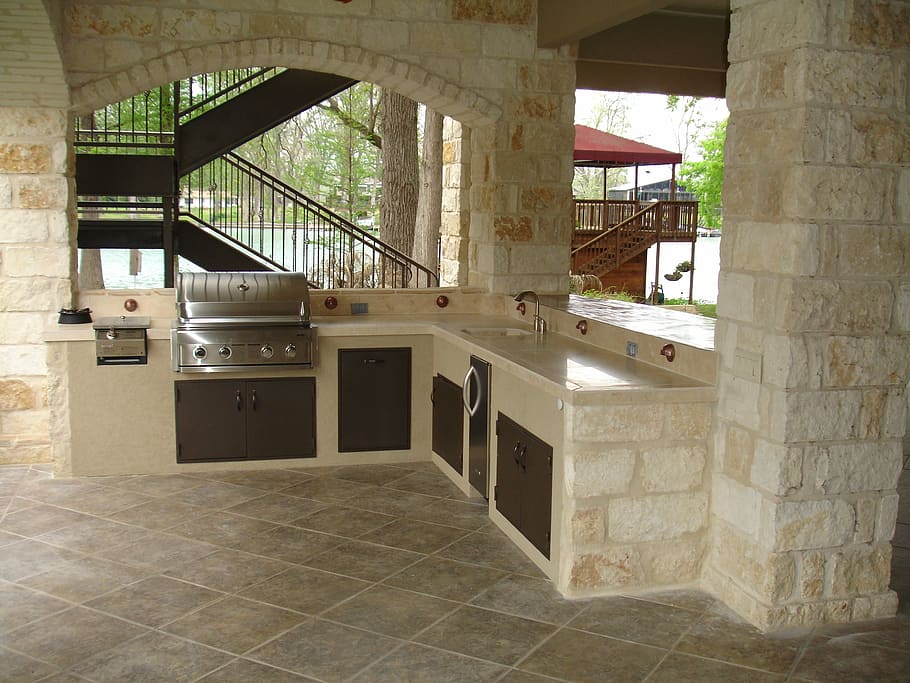 beige kitchen counter set, outdoor kitchen, stone, masonry, copper, HD wallpaper