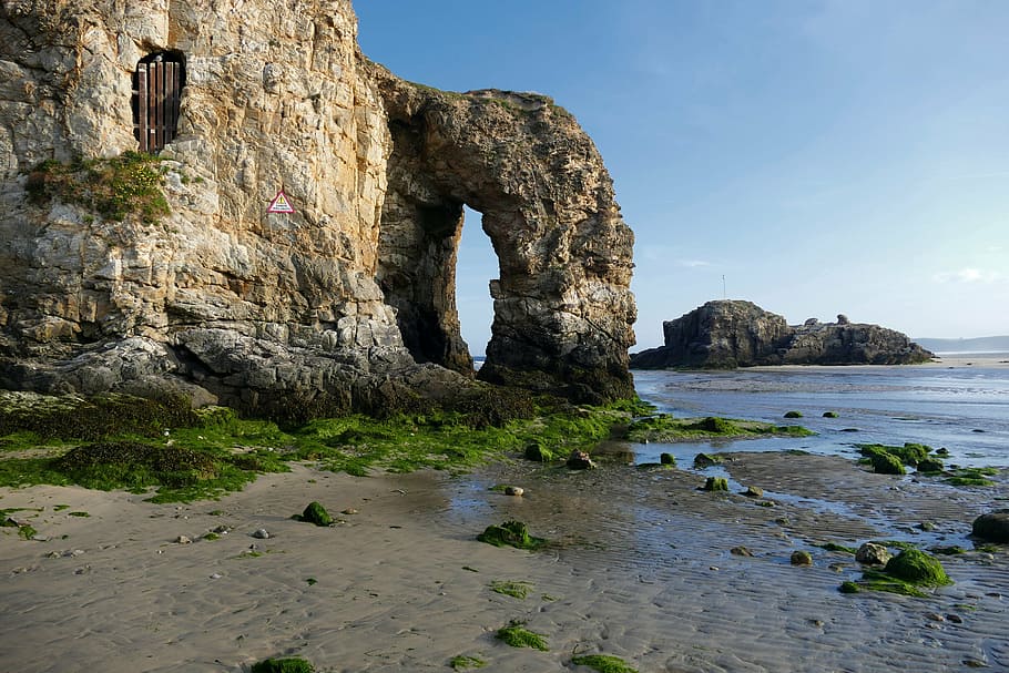 brown rock formation near sea during daytime, beach, perranporth HD wallpaper