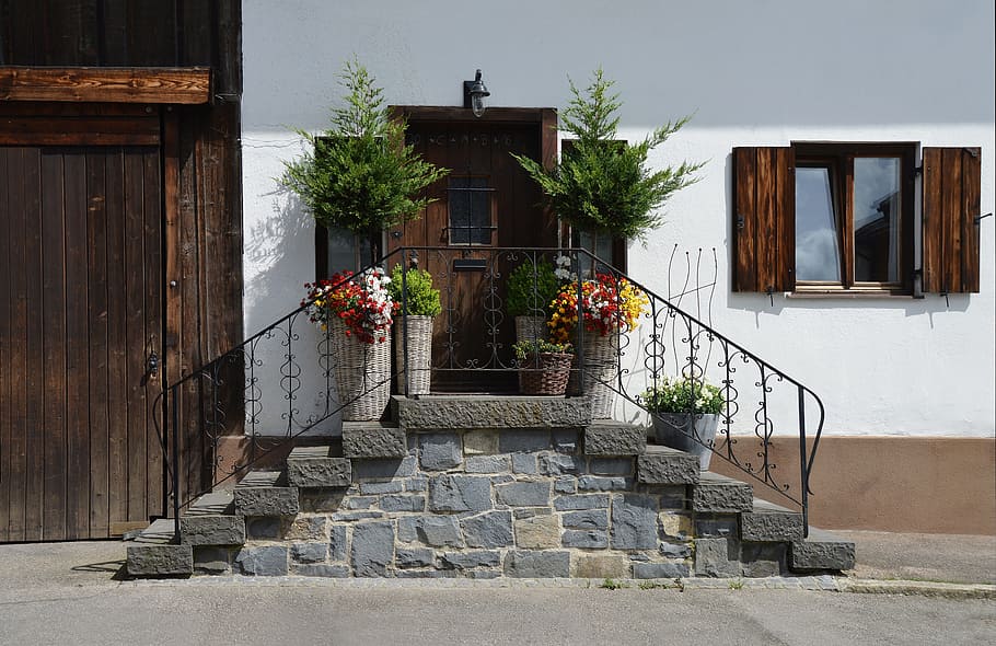 green plant and flower outside of door, farmhouse, rustic, input HD wallpaper