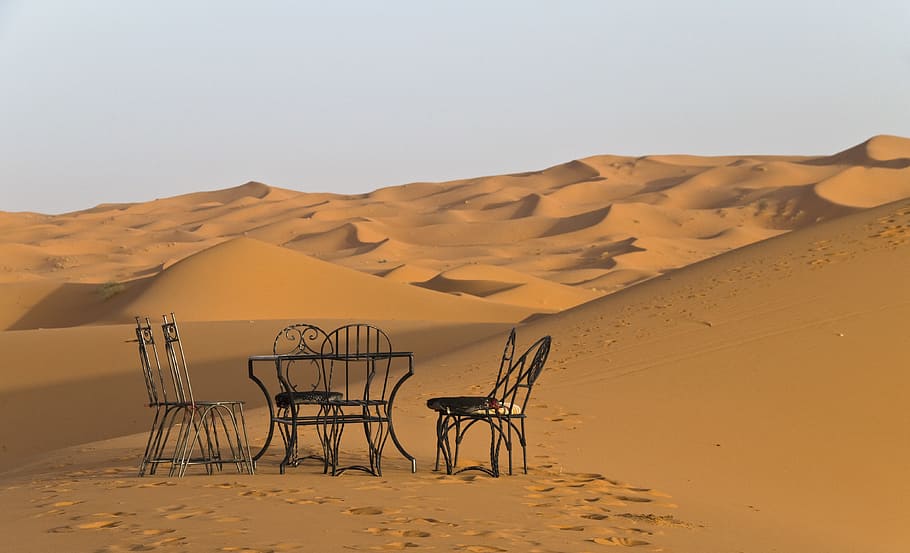 gray and black metal patio table set, desert, daybreak, morocco HD wallpaper