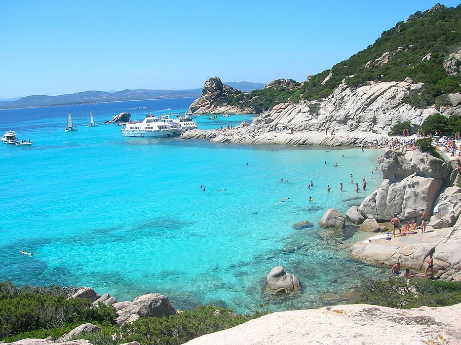 people swimming in beach, Sardinia, Spread, Sea, sunny, rock - object HD wallpaper