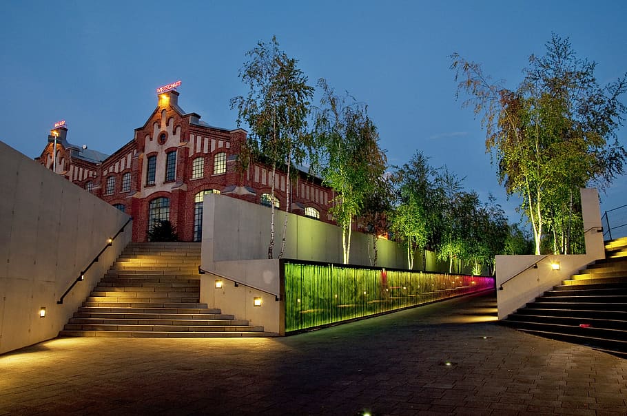 lingen, germany, building, dusk, evening, lights, colorful HD wallpaper