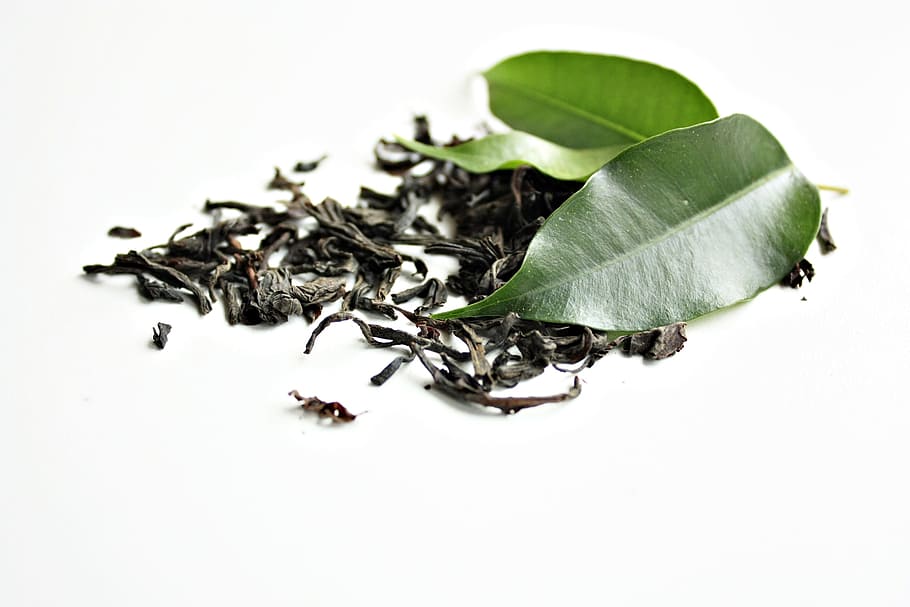 green leaf with dryed herb, green tea, healthy, close-up, nature