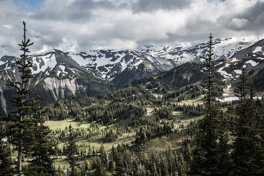 birdseye photo of mountain, snow capped mountain pine trees under cloudy sky during daytim HD wallpaper