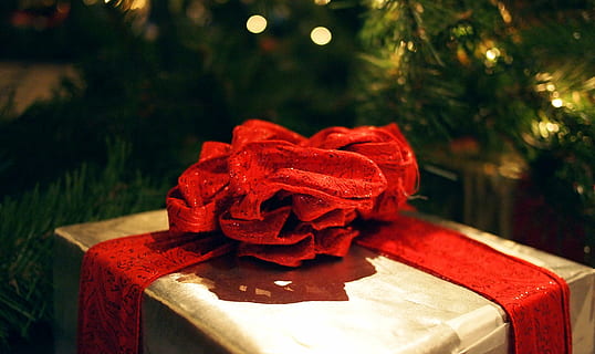red and gray gift box near Christmas tree, close, photo, brown HD wallpaper