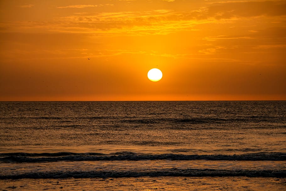 Beach, Sunset, Orange Sky, Evening, sea, scenics, nature, horizon over water HD wallpaper