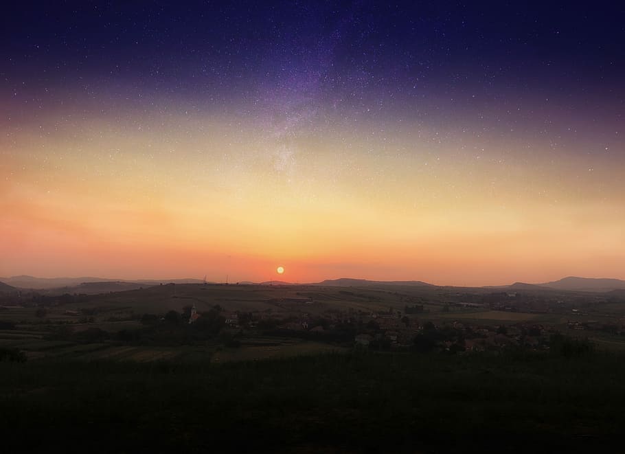 green mountain during sunset, photography of high angle-view of city under sunset HD wallpaper