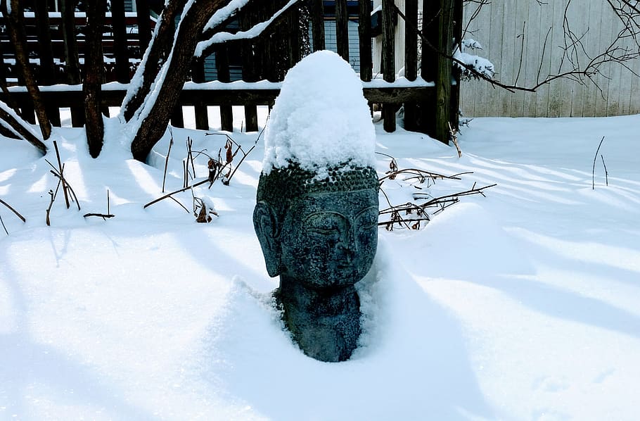 snow, buddha, winter, cold, zen, statue, meditation, new age