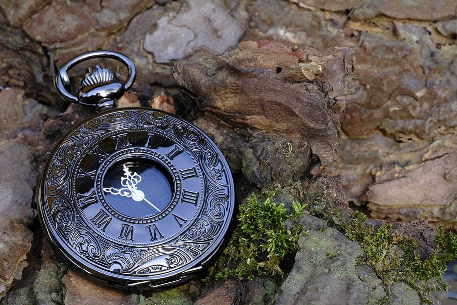 black pocket watch on stone, clock, time, time of, time indicating HD wallpaper