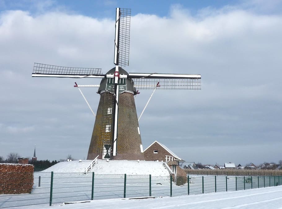 Germany, Clouds, Winter, Snow, Ice, sky, windmill, power, energy HD wallpaper