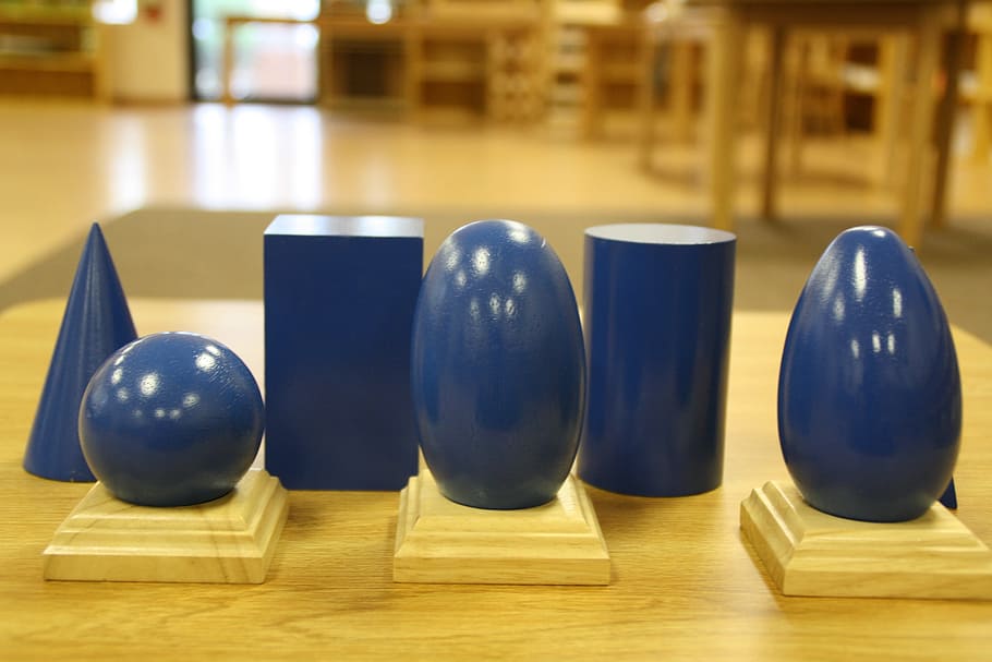 several blue vases on wooden table, geometric solids, montessori, HD wallpaper
