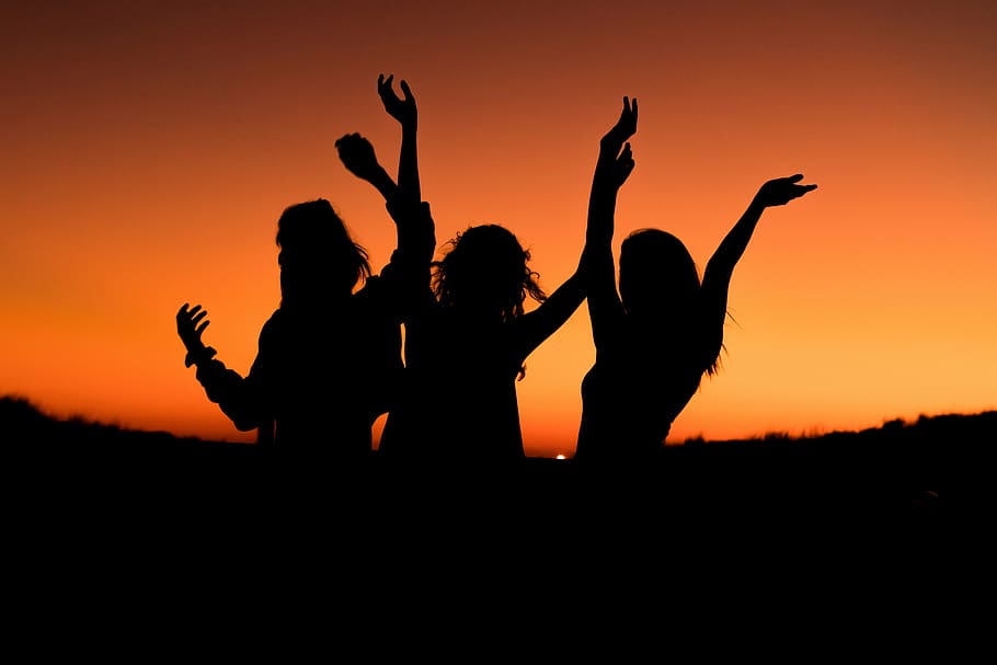 silhouette of three persons during sunset, orange, sky, people HD wallpaper