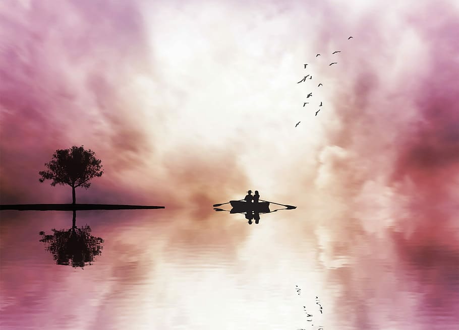 silhouette photography of person riding on boat, barca, coracle HD wallpaper
