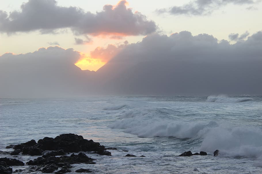 Sunset, Ocean, Hidden, Beach, sky, surfer, shore, tropic, hawaii HD wallpaper