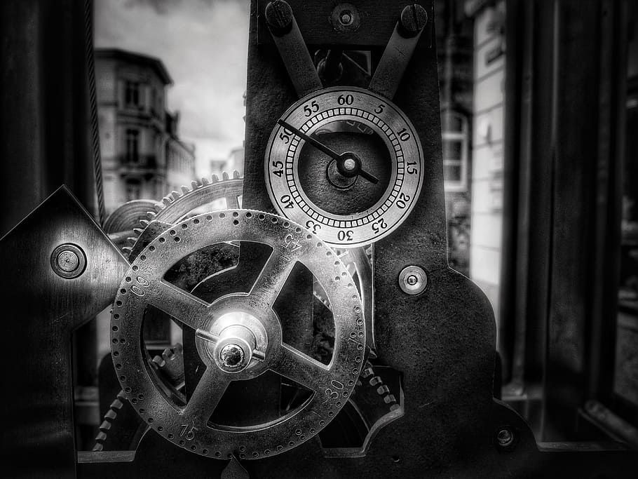 gray and black mechanical machine, time, clock, second, minute HD wallpaper