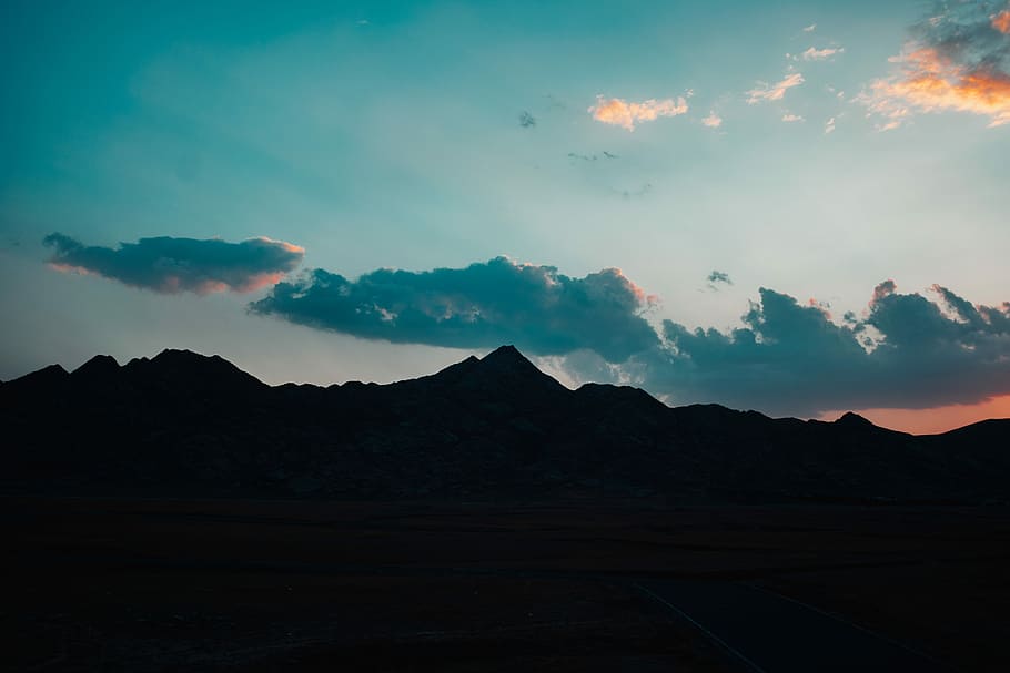 silhoutte of mountains during sunset, silhouette photo of mountain HD wallpaper