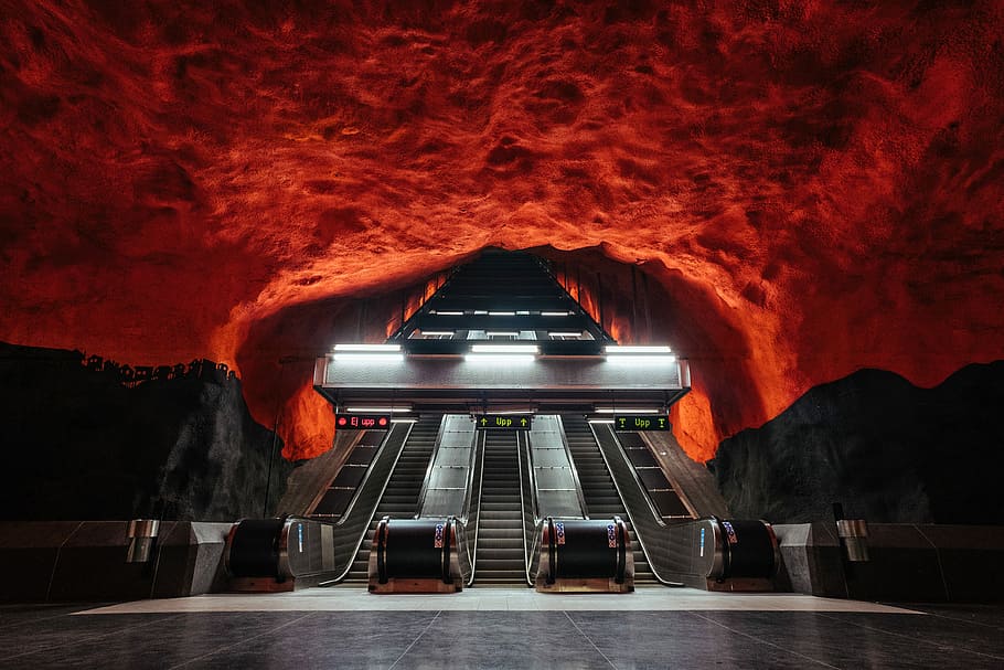 photo of escalator, escalators under cave, steps, underground HD wallpaper