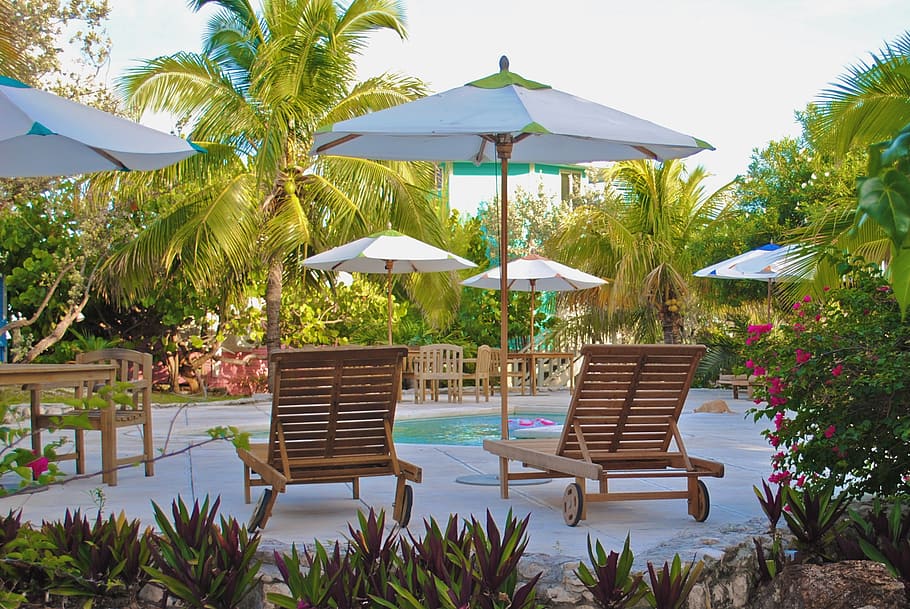 two brown chaise lounge chairs in front of pool, staniel cay yacht club, HD wallpaper