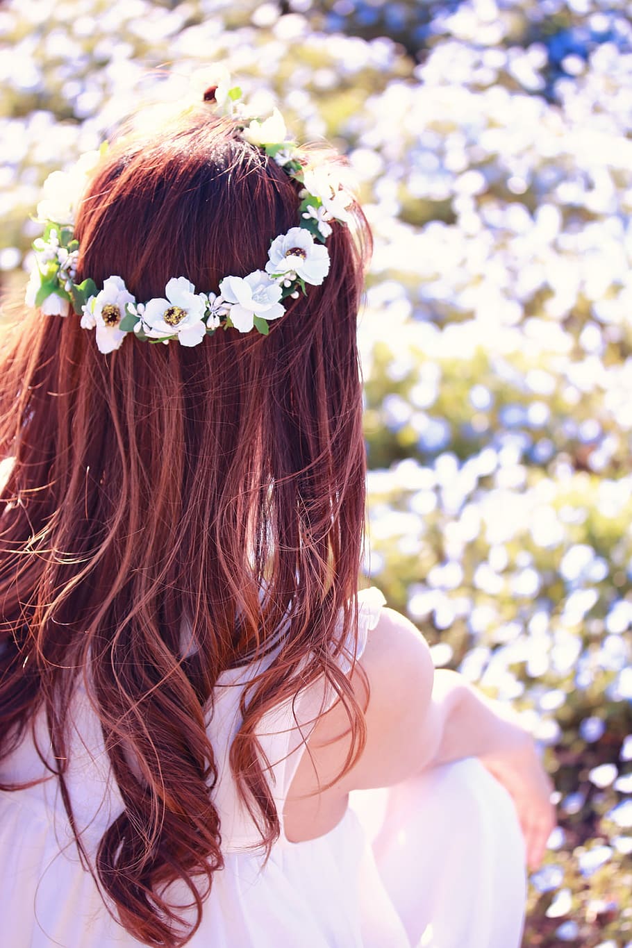woman wearing white flower crown, women, nature, beautiful, beauty HD wallpaper