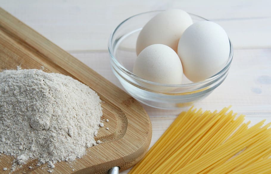 three white eggs on glass bowl, kitchen, eating, food, pasta HD wallpaper