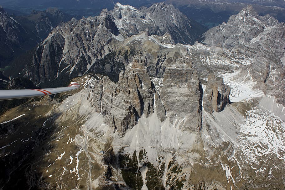 aerial view of mountain, three zinnen, gliding, flyby, glider pilot