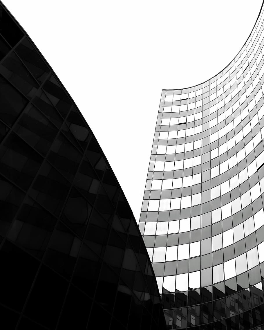 gray high-rise building, gray glass building under gray sky, shadow HD wallpaper
