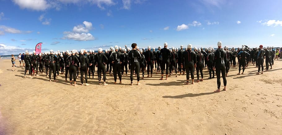 people in black uniform, triathlon, ironman, start, group, swim HD wallpaper