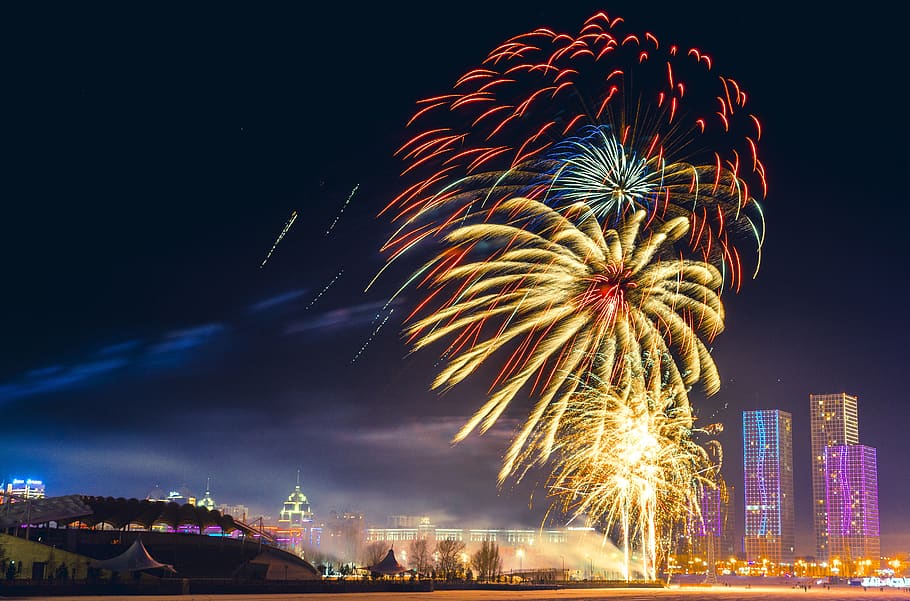 fireworks, bright, dark, evening, light, sky, color, nature HD wallpaper