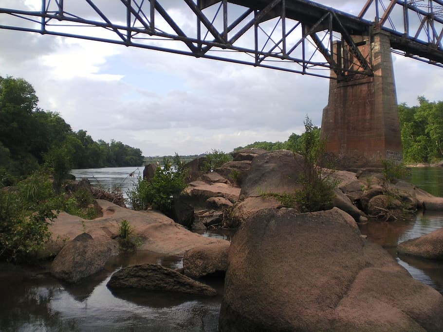 Rocks, River, Railroad, Bridge, flowing, railway, transportation HD wallpaper