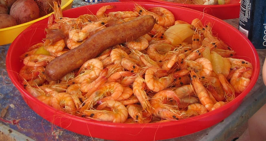 Crawfish, Shrimps, Prawns, Fried, sausage, bowl, food, seafood, HD wallpaper