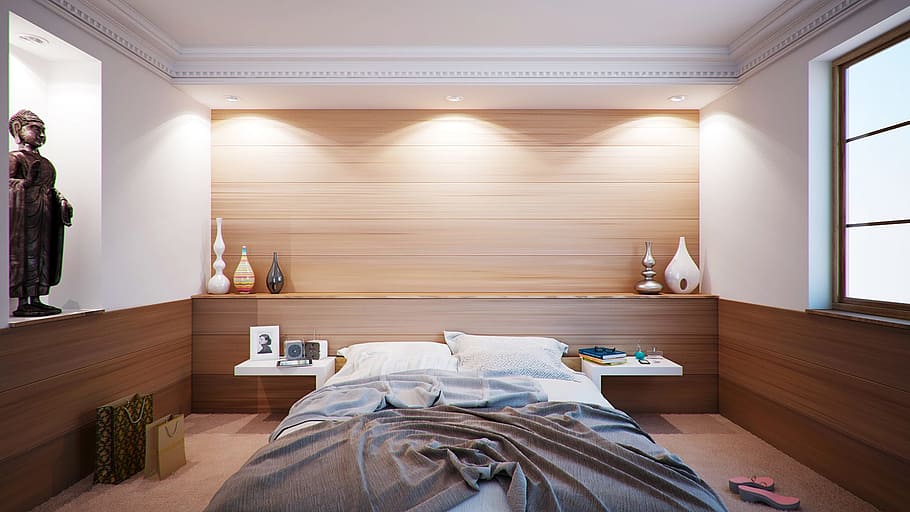 turned on bed wall lights, apartment, room, interior design HD wallpaper