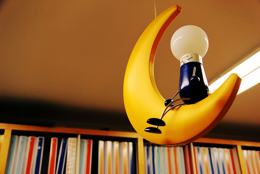 crescent moon light bulb, ideas, bookcase, yellow, plastic HD wallpaper