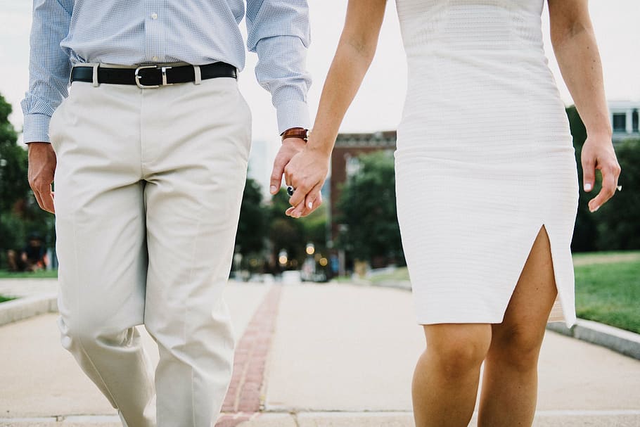 man and woman holding hands together, teal, dress, shirt, near, HD wallpaper