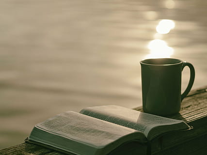 mug beside book on plank, pages, sheet, novel, bible, verses HD wallpaper