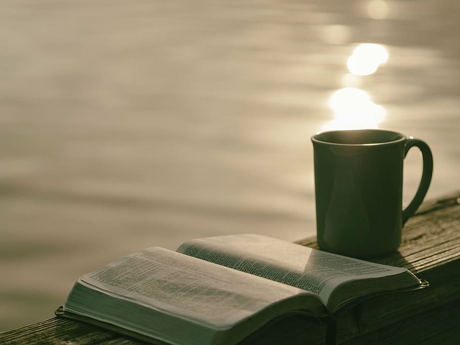 mug beside book on plank, pages, sheet, novel, bible, verses HD wallpaper