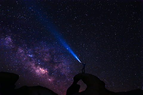 Galaxy, silhouette photo of person standing on rock, man, flashing light HD wallpaper