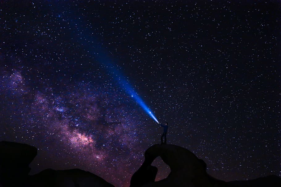 Galaxy, silhouette photo of person standing on rock, man, flashing light HD wallpaper